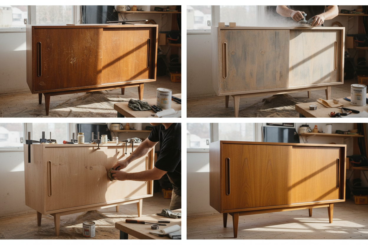 restauratieproces van deens vintage dressoir met 2 deuren