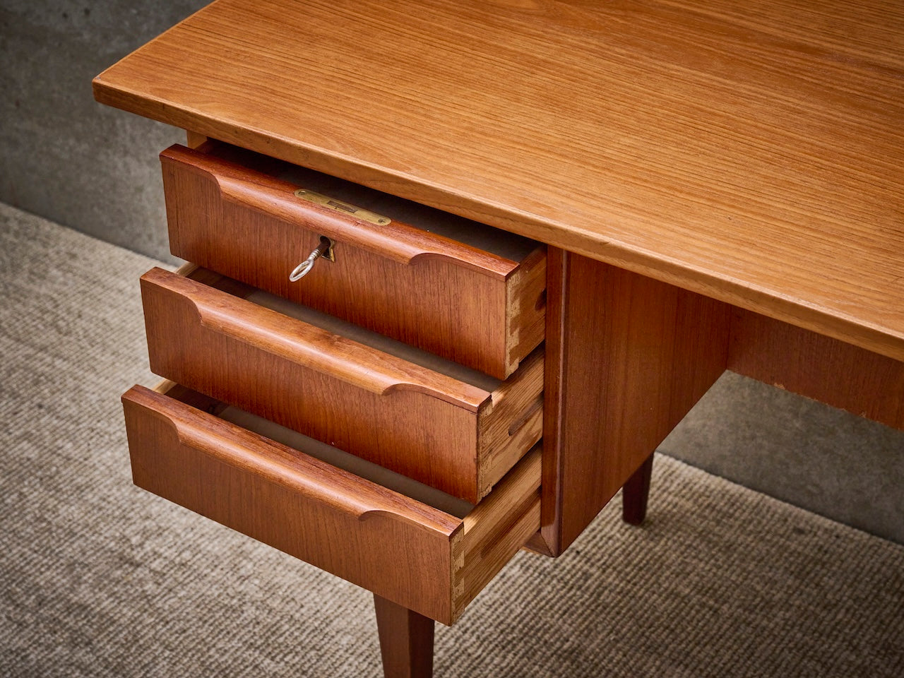Danish vintage mid-century desk, two-sided in warm teak wood