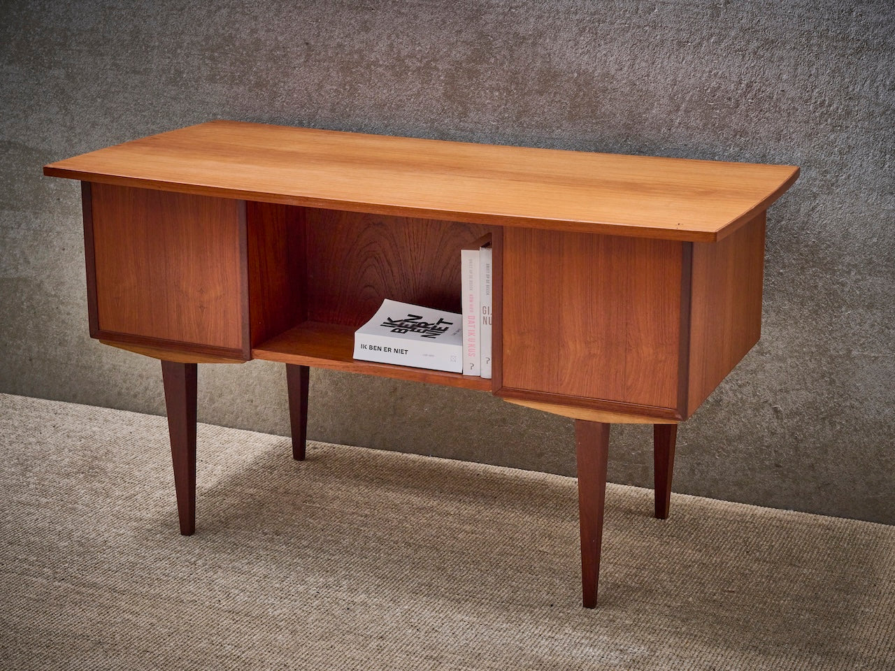 Danish vintage mid-century desk, two-sided in warm teak wood