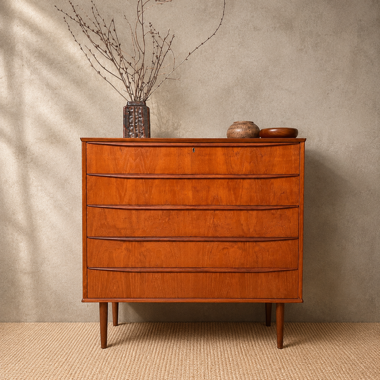 Deens vintage mid-century ladekast met 5 breede lades in warm teakhout