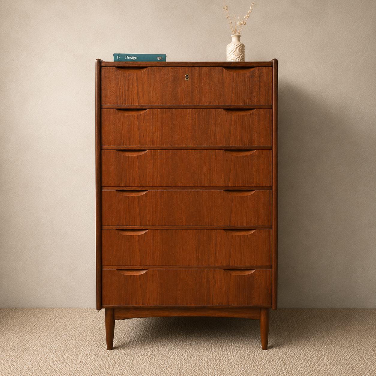 Deense vintage mid-century ladekast met 6 lades in warm teakhout