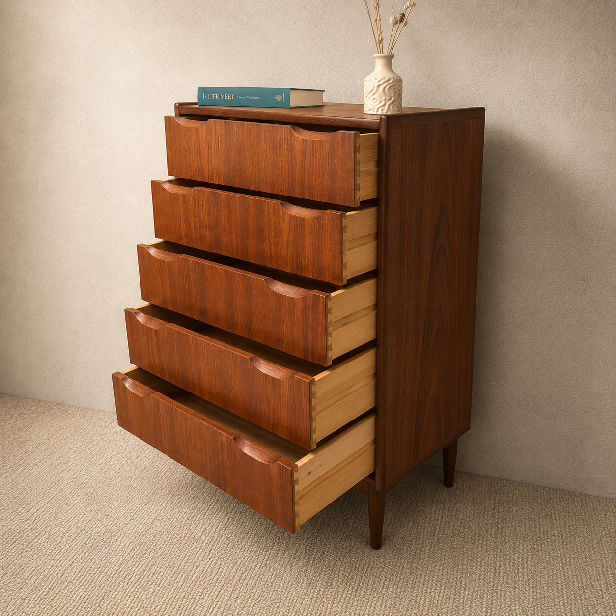 Deense vintage mid-century ladekast met 6 lades in warm teakhout