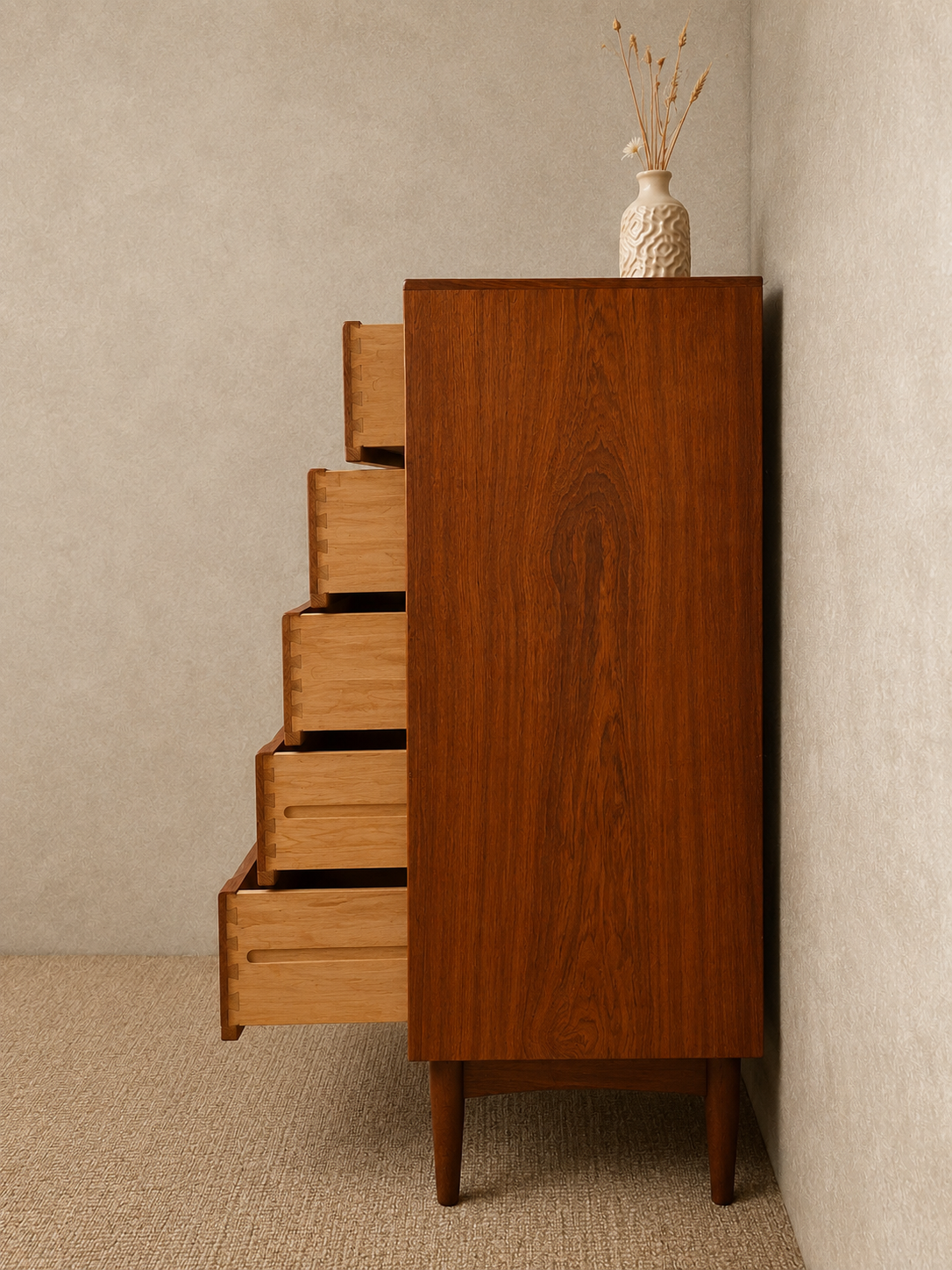 Deense vintage mid-century ladekast met 6 lades in warm teakhout