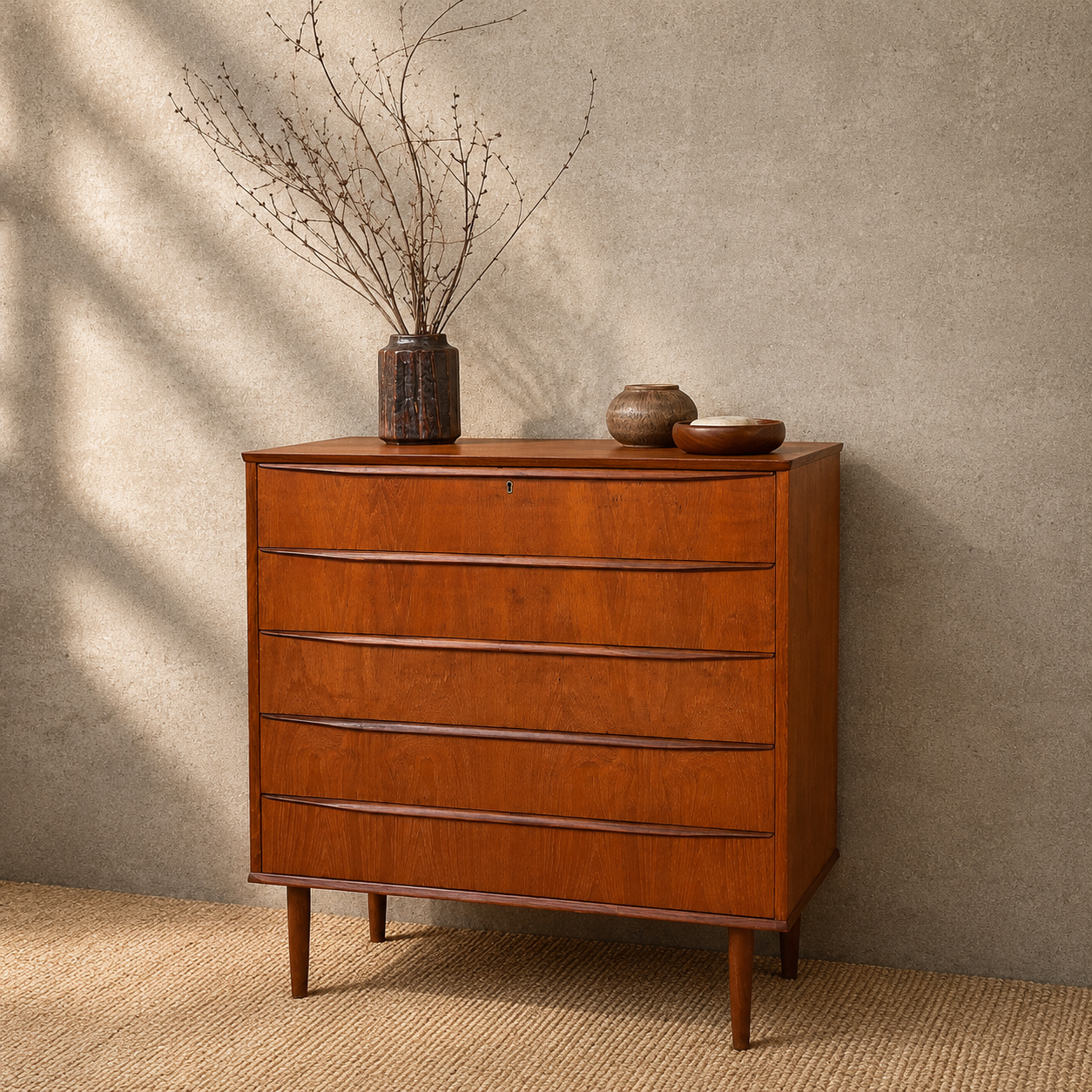 Deens vintage mid-century ladekast met 5 breede lades in warm teakhout