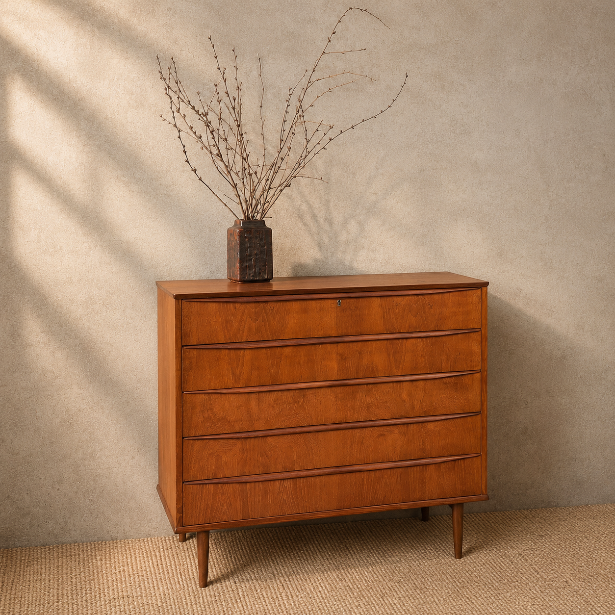 Deens vintage mid-century ladekast met 5 breede lades in warm teakhout