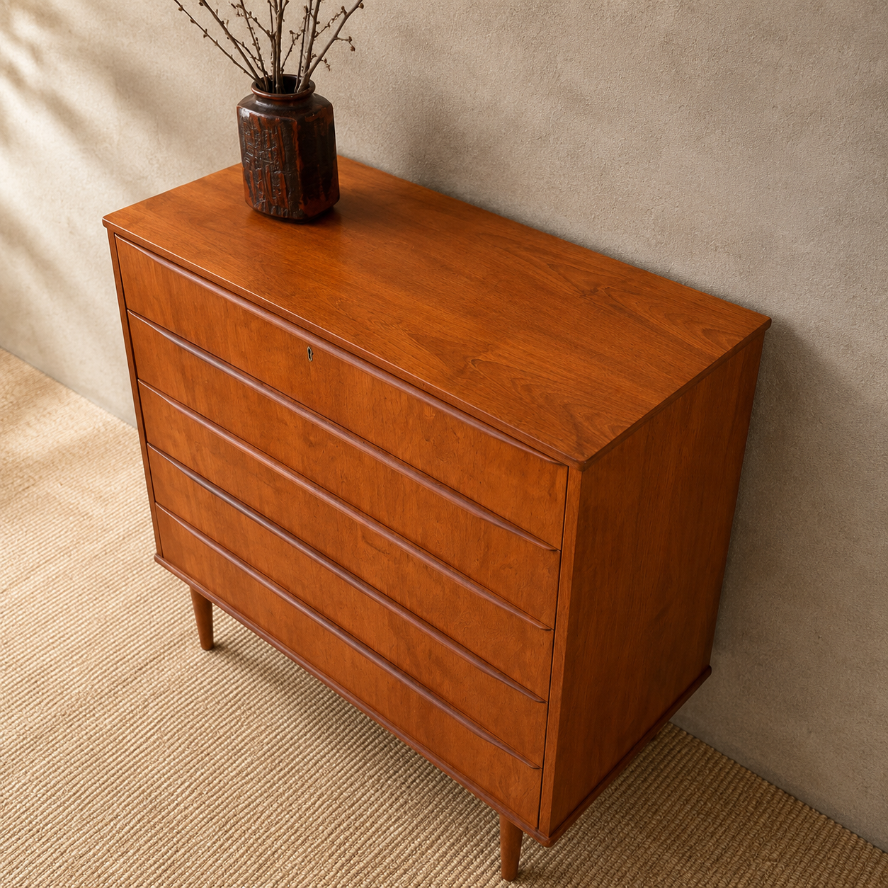 Deens vintage mid-century ladekast met 5 breede lades in warm teakhout