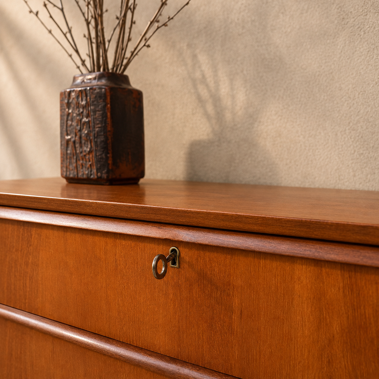 Deens vintage mid-century ladekast met 5 breede lades in warm teakhout