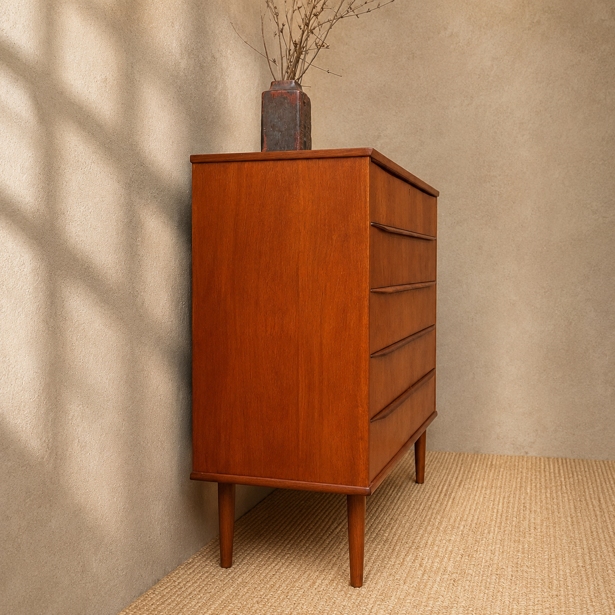 Deens vintage mid-century ladekast met 5 breede lades in warm teakhout