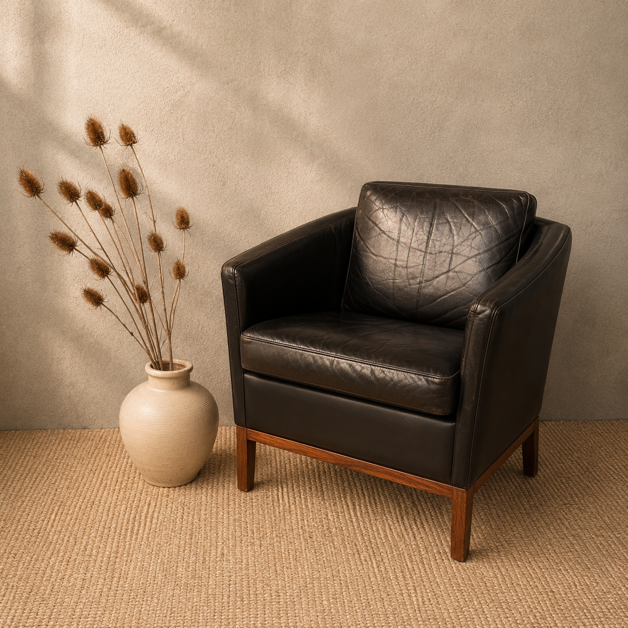 Deense vintage mid-century fauteuil zwart leder