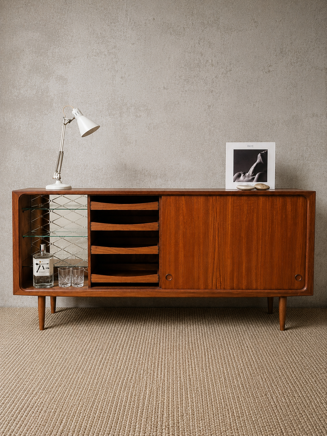 Deens vintage mid-century LOWBOARD in warm teakhout met bargedeelte