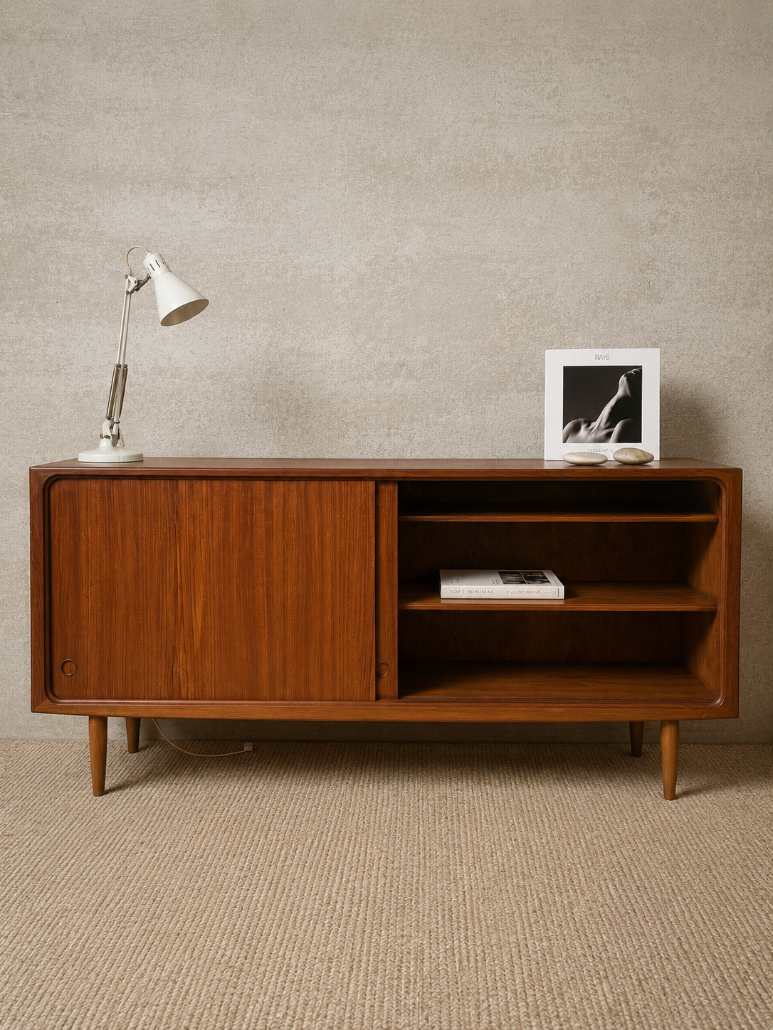Deens vintage mid-century LOWBOARD in warm teakhout met bargedeelte
